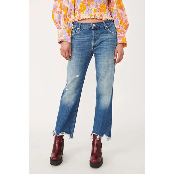 We The Free People Maggie Denim Jeans Blue Mid Rise Straight Leg Baggy Loose